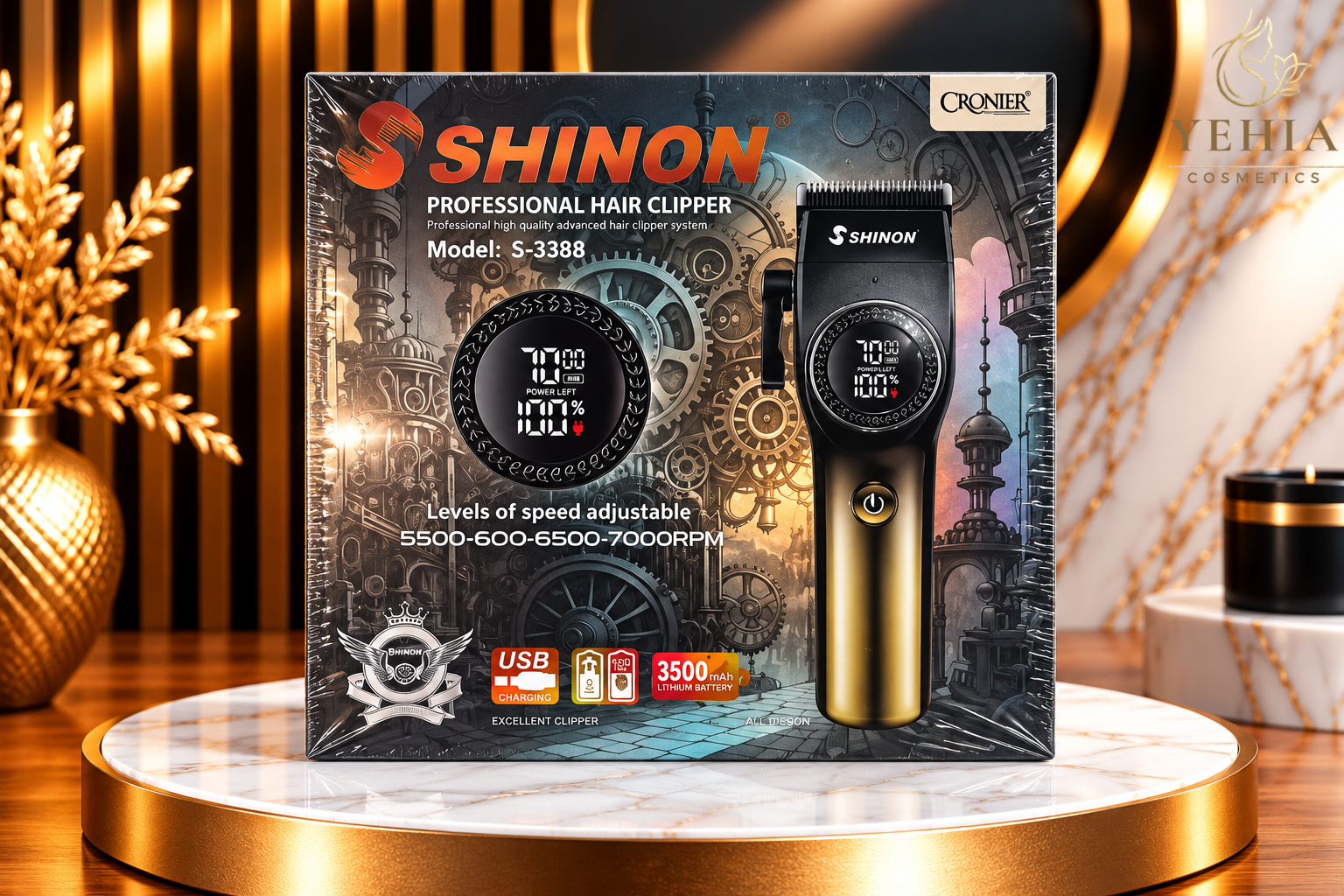 SHINON S-3388 Professional Hair Clipper with 3500mAh Battery & 4-Speed Levels