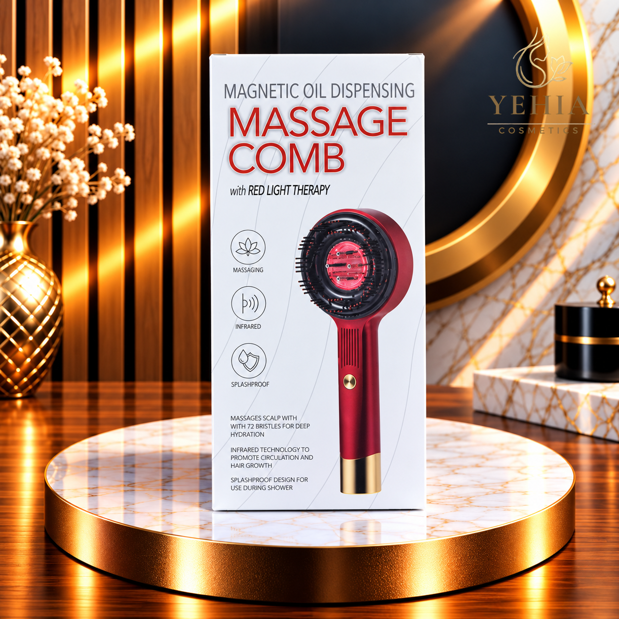 Magnetic Oil Dispensing Massage Comb with Red Light Therapy